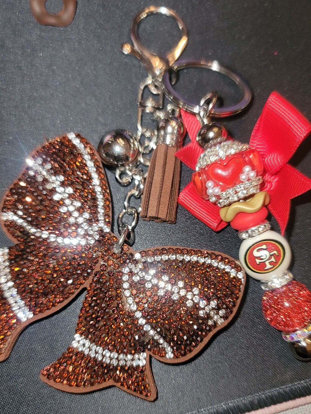 Custom made brown rhinestone football Keychain Charm - Other teams available.
